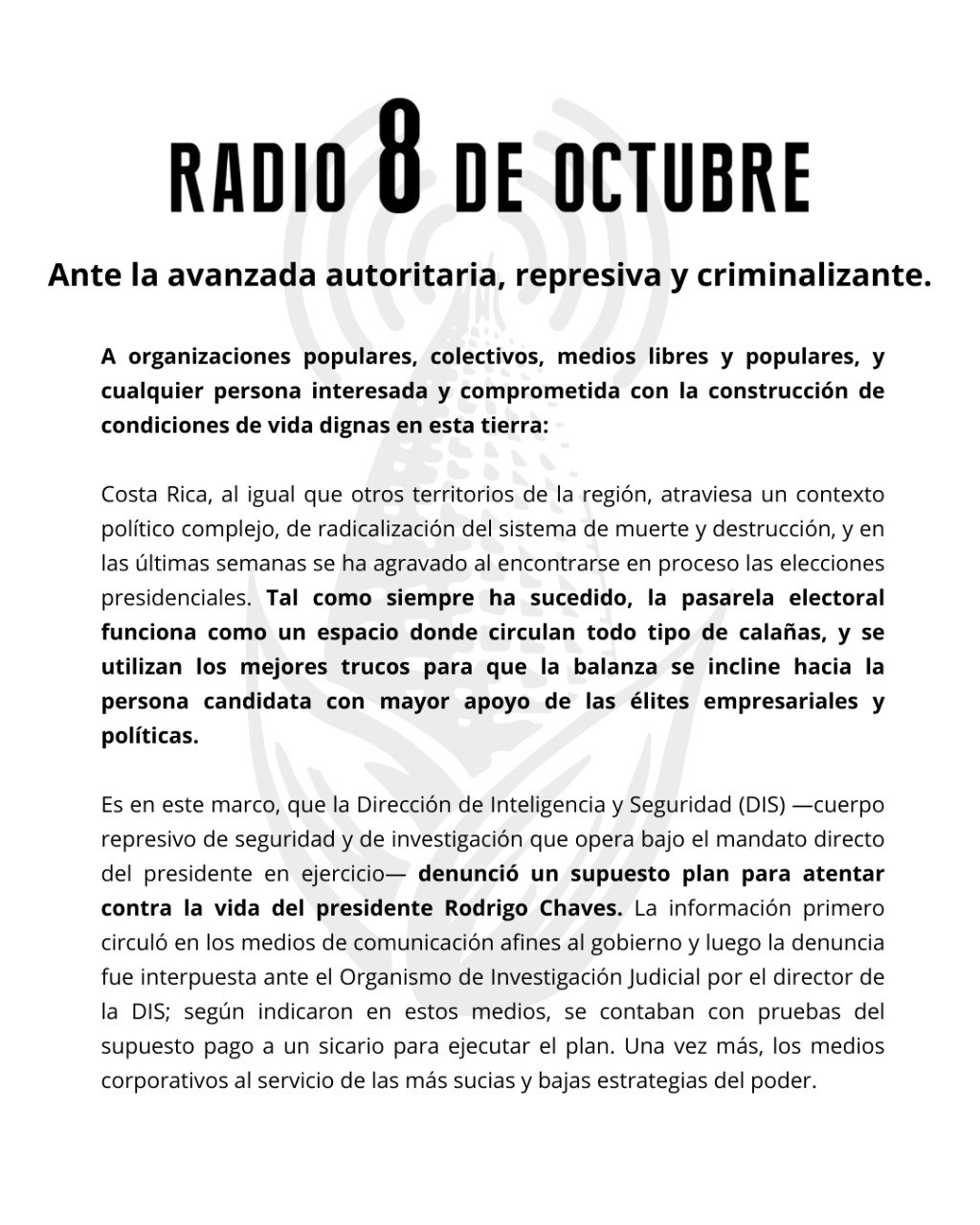 CO$TA RICA. Ante la avanzada autoritaria, represiva y criminalizante